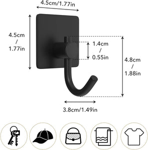 Self Adhesive Hooks,Heavy Duty Stick On Wall and Door Hooks for Hanging,Bathroom Towel Hooks and Kitchen Hallway Sticky Black Hooks,Coat Hooks Robe Hook Wall Mounted,Stainless Rustproof,4 Pack