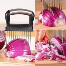 Load image into Gallery viewer, 2024 New Stainless Steel Onion Slice Holder, Multifunctional Onion Slicer Chopper Vegetable Cutter, Premium Avocados Lemon Potato Tomato Carrots and Other Vegetable Fixing Slicer (1)