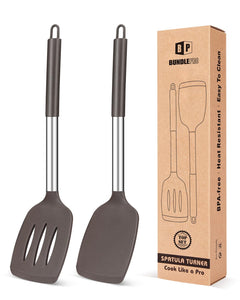 Pack of 2 Silicone Solid Turner, Non Stick Slotted Kitchen Spatulas, High Heat Resistant BPA Free Cooking Utensils, Ideal Cookware for Fish, Eggs, Pancakes(Black)