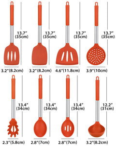 Silicone Cooking Utensil Set, 8Pcs Non-stick Cookware with Stainless Steel Handle, BPA Free Heat Resistant Kitchen Tools with Spatulas, Turners, Spoons, Skimmer and Pasta Fork