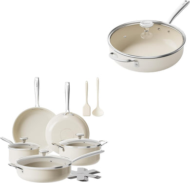Redchef Ceramic Pots and Pans Set Non Stick, 16Pcs Kitchen Ceramic Cookware Sets, Ceramic Saute Pan with Lid, Nonstick Deep Frying Pan, 5QT Jumbo Cooker with Helper Handle & Lid, PFAS PFOA & PTFE Free