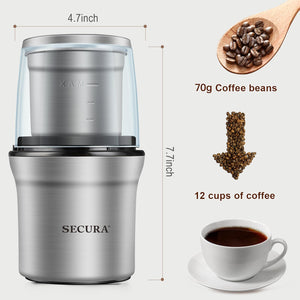 Secura Electric Coffee Grinder and Spice Grinder with 2 Stainless Steel Blades Removable Bowls