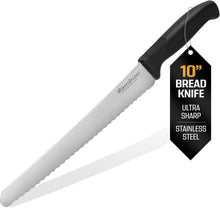 Load image into Gallery viewer, Bamboo Bread Slicer with Crumb Tray &amp; Knife – 3 Slice Thickness Options, Foldable Storage, 10” Ultra Sharp Stainless Steel Bread Knife with Ergonomic Handle – Sourdough &amp; Cake Cutter Set
