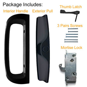 Patio Door Handle Set + Mortise Lock 45° Perfect Replacement for Sliding Glass Door Fits 3-15/16” Screw Hole Spacing, Non-keyed with Latch Locks,White Diecast,Reversible Design(Non-Handed)