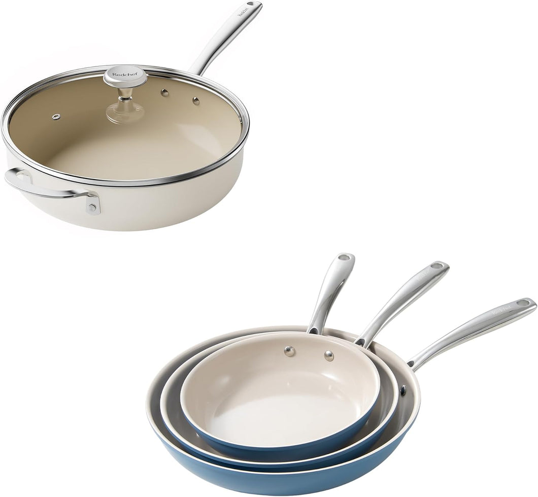 Redchef Ceramic Saute Pan with Lid, Nonstick 3PCS Frying Pan, 5QT Jumbo Cooker with Helper Handle & Lid, Non Toxic Ceramic Cooking Pan, Chef Pan, Dishwasher & Oven Safe, PFAS PFOA & PTFE Free