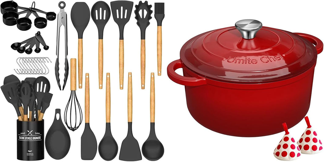Umite Chef Kitchen Cooking Utensils Set, 5QT Enameled Cast Iron Dutch Oven
