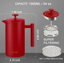 Load image into Gallery viewer, Secura French Press Coffee Maker, 304 Grade Stainless Steel Insulated Coffee Press with 2 Extra Screens, 34oz (1 Litre), Silver