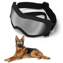 Load image into Gallery viewer, Dog Sunglasses Dog Goggles Pet Glasses Pet Eyewear with Adjustable Strap, Glasses for Medium Large Dog Swimming Skating Glasses UV Proof Windproof Dustproof (Black Frame + Gray Lens)