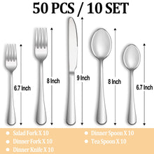 Load image into Gallery viewer, 50 Piece Silverware Set Service for 10,Premium Stainless Steel Flatware Set,Mirror Polished Cutlery Utensil Set,Durable Home Kitchen Eating Tableware Set,Include Fork Knife Spoon Set,Dishwasher Safe