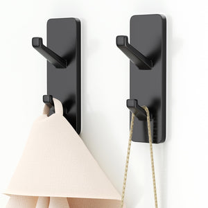 Self-Adhesive Wall Hooks - 4 Pack, Black Metal Coat & Towel Hooks for Hanging: Hold 13 LB, Ideal for Bathrooms, Shower, Kitchen & Doors