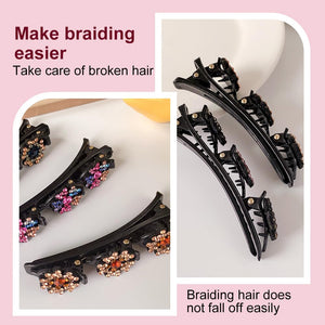 2 Pcs Sparkling Crystal Stone Braided Hair Clips, 2024 New Satin Fabric Hair Bands Rhinestone Four-Leaf Clover Hair Clip,Duck Bill Clips for Women Girls (4 Pcs)