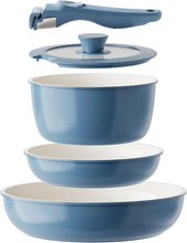 Load image into Gallery viewer, Redchef 6pcsCeramic Cookware Set, Removable Handle Pots And Pans Non Stick, Rv Cookware Set, Non Toxic Pots And Pans Set No PFAS &amp; PTFE &amp; PFOA, Detachable Pots And Pans, Dishwasher &amp; Oven Safe (Blue)
