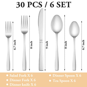 MUTNITT 30 Pcs Silverware Set Service for 6,Premium Stainless Steel Flatware Set,Mirror Polished Cutlery Utensil Sets,Durable Kitchen Eating Tableware Sets,Include Fork Knife Spoon,Dishwasher Safe