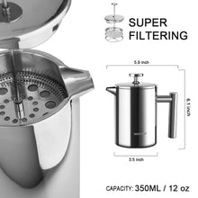 Load image into Gallery viewer, Secura French Press Coffee Maker, 304 Grade Stainless Steel Insulated Coffee Press with 2 Extra Screens, 34oz (1 Litre), Silver