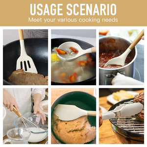 Kitchen Cooking Utensils Set,29 pcs Non-Stick Silicone Cooking Kitchen Utensils Set with Holder, Wooden Handle Silicone Kitchen Gadgets Utensil Set Spatula Turner Spoon Tongs Whisk (White)