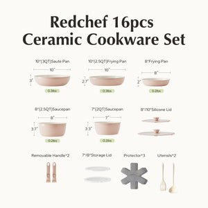 Redchef Ceramic Pots and Pans Set, Nonstick Kitchen Cookware Set with Detachable Handle, Non Toxic Cookware Set 16pcs, PFAS PFOA & PTFE Free, RV Ceramic Cookware for Camping, Dishwasher/Oven Safe
