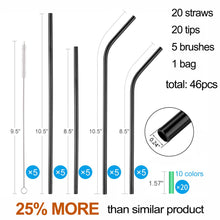 Load image into Gallery viewer, 20 Pack Reusable Stainless Steel Metal Straws,10.5&quot; &amp; 8.5&quot; Reusable Drinking Straws with 20 Silicone Tips 5 Straw Brushes 1 Travel Case,Eco Friendly Extra Long Metal Straw Fit for 20 24 30 oz Tumbler