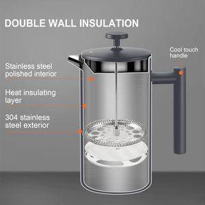 Secura French Press Coffee Maker, 304 Grade Stainless Steel Insulated Coffee Press with 2 Extra Screens, 34oz (1 Litre), Silver