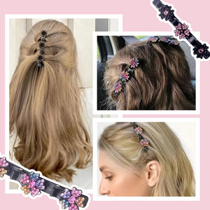 2 Pcs Sparkling Crystal Stone Braided Hair Clips, 2024 New Satin Fabric Hair Bands Rhinestone Four-Leaf Clover Hair Clip,Duck Bill Clips for Women Girls (4 Pcs)