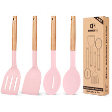Load image into Gallery viewer, Pack of 4 Silicone Cooking Utensils Set, Non Stick Solid Spatulas and Heat Resistant Slotted Spoons with Wooden Handle, Ideal Wood Kitchen Utensils Set for Frying,Serving,Turning,Stirring (KHAKI)