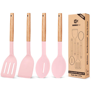 Pack of 4 Silicone Cooking Utensils Set, Non Stick Solid Spatulas and Heat Resistant Slotted Spoons with Wooden Handle, Ideal Wood Kitchen Utensils Set for Frying,Serving,Turning,Stirring (KHAKI)
