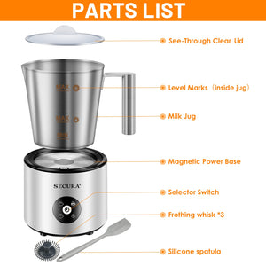 Secura 4-in-1 Automatic Milk Frother, 17oz Teflon-Free Stainless Steel Jug, Hot/Cold Foam Maker & Milk Warmer for Latte, Cappuccino, Macchiato, Hot Chocolate, Includes Silicone Spatula & 2 Whisks