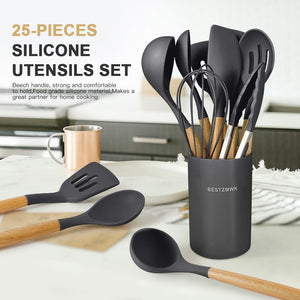 Kitchen Cooking Utensils Set,29 pcs Non-Stick Silicone Cooking Kitchen Utensils Set with Holder, Wooden Handle Silicone Kitchen Gadgets Utensil Set Spatula Turner Spoon Tongs Whisk (White)