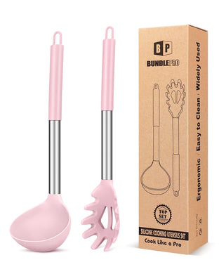 Silicone Pasta Fork and Ladle Spoon Set, Large Non Stick Kitchen Utensils for Cooking,Stirring,Serving Spaghetti, Soup, Sauce (BLACK)