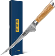Load image into Gallery viewer, 7 Inch Damascus Fillet Knife, Professional VG-10 Super Steel Japanese Boning Knife, Ultra Sharp Fish Knife with Ergonomic Olive Wood Handle