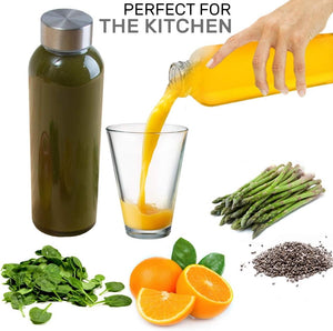 Brieftons Borosilicate Glass Water Bottles With Caps: Clear, 6 Pack, 18 Oz, Heat Resistant, Slim, Easy to Store, Leakproof Lids, Best As Reusable Drinking Bottle, Sauce Jar, Juice Beverage Container