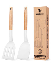 Load image into Gallery viewer, Pack of 2 Silicone Cooking Spatula, Heat Resistant Solid Turner, Non Stick Slotted Spatulas with Wooden Short Handle,Ideal Wood Kitchen Utensils Set for Frying, Baking, Flipping, Turning