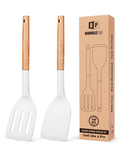 Pack of 2 Silicone Cooking Spatula, Heat Resistant Solid Turner, Non Stick Slotted Spatulas with Wooden Short Handle,Ideal Wood Kitchen Utensils Set for Frying, Baking, Flipping, Turning