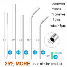 Load image into Gallery viewer, 20 Pack Reusable Stainless Steel Metal Straws,10.5&quot; &amp; 8.5&quot; Reusable Drinking Straws with 20 Silicone Tips 5 Straw Brushes 1 Travel Case,Eco Friendly Extra Long Metal Straw Fit for 20 24 30 oz Tumbler
