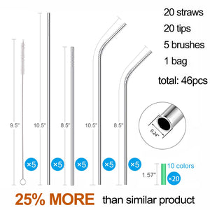 20 Pack Reusable Stainless Steel Metal Straws,10.5" & 8.5" Reusable Drinking Straws with 20 Silicone Tips 5 Straw Brushes 1 Travel Case,Eco Friendly Extra Long Metal Straw Fit for 20 24 30 oz Tumbler
