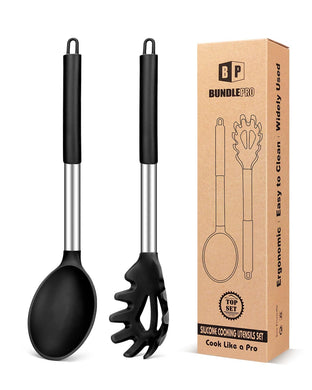 Silicone Pasta Fork and Cooking Spoon Set, Non Stick Kitchen Utensils for Cooking,Stirring,Serving Spaghetti, Soup, Sauce (BLACK)