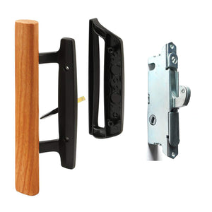 Sliding Glass Door Handle Set Oak Wood Interior Handle and Exterior Pull White Diecast Finish+Mortise Lock 45° Keyway Fits 3-15/16” Screw Hole Spacing, Non-keyed with Latch Locks(White)