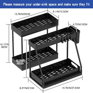 3PC Under Sink Organizer Rack 2 Tier Under Sliding Cabinet Basket Organizer Drawer, Multi-purpose Under Sink Storage for Bathroom Kitchen Desktop (Black)
