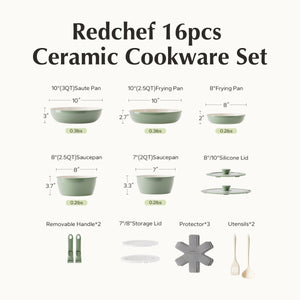 Redchef Ceramic Pots and Pans Set, Nonstick Kitchen Cookware Set with Detachable Handle, Non Toxic Cookware Set 16pcs, PFAS PFOA & PTFE Free, RV Ceramic Cookware for Camping, Dishwasher/Oven Safe