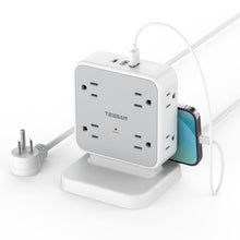 Load image into Gallery viewer, Surge Protector Flat Extension Cord Flat Plug Power Strip, 8 AC Outlets, 3 USB Charger(1 USB C Port) 3-Sided Outlet Extender, 5 Ft, 900 Joules Protection, Office Supplies, Dorm Room Essentials, Grey