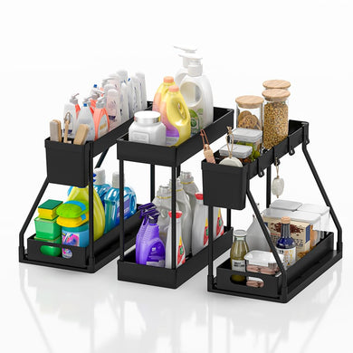 3PC Under Sink Organizer Rack 2 Tier Under Sliding Cabinet Basket Organizer Drawer, Multi-purpose Under Sink Storage for Bathroom Kitchen Desktop (Black)