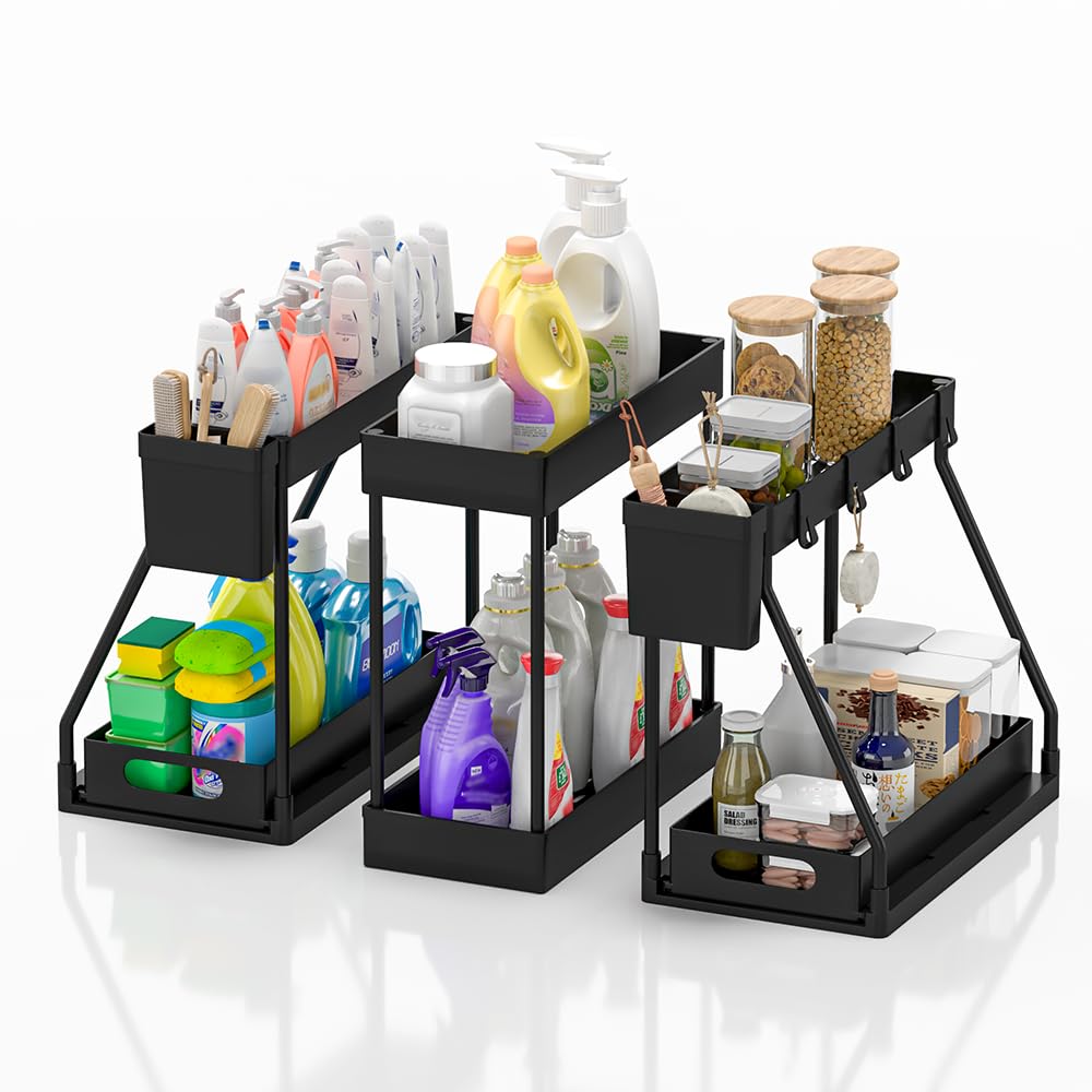 3PC Under Sink Organizer Rack 2 Tier Under Sliding Cabinet Basket Organizer Drawer, Multi-purpose Under Sink Storage for Bathroom Kitchen Desktop (Black)