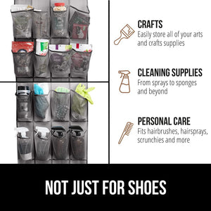 Over the Door Shoe Organizer, 24 Large Breathable Mesh Pockets, Space Saving Hanging Storage Holder, Closet Rack Hanger Holds Up to 40 lbs, Hangs on Closets for Shoes, Accessories, Black
