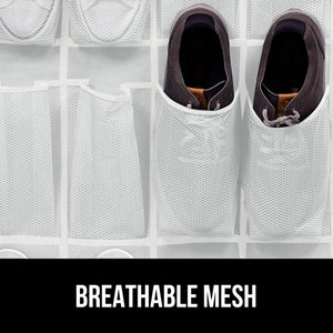 Over the Door Shoe Organizer, 24 Large Breathable Mesh Pockets, Space Saving Hanging Storage Holder, Closet Rack Hanger Holds Up to 40 lbs, Hangs on Closets for Shoes, Accessories, Black