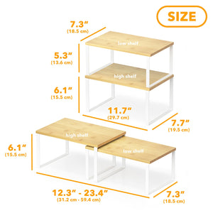 SpaceAid Cabinet Shelf Organizers 2 Pack, Kitchen Counter Rack Shelves Riser, Stackable Expandable Spice Rack, Pantry Cupboard Storage Organization (Black and Natural, Short)