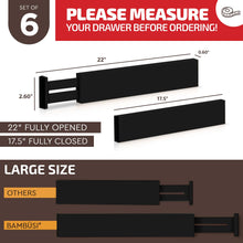 Load image into Gallery viewer, Large Kitchen Drawer Organizer - Expandable Bamboo Drawer Dividers (17&quot; - 21.5&quot;) - Adjustable Separators for Kitchen, Clothes, Dresser, Bedroom, Bathroom, and Desk Drawers - 6 Pack