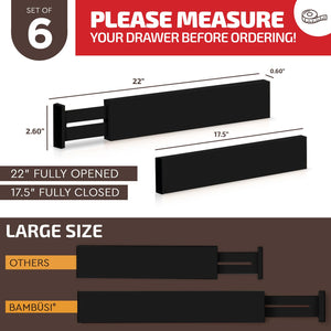 Large Kitchen Drawer Organizer - Expandable Bamboo Drawer Dividers (17" - 21.5") - Adjustable Separators for Kitchen, Clothes, Dresser, Bedroom, Bathroom, and Desk Drawers - 6 Pack
