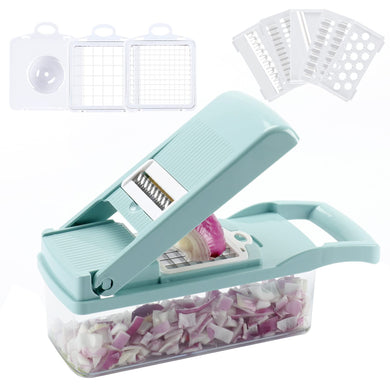 Vegetable Chopper, Multifunctional Vegetable Cutter Onion Chopper Mandoline Slicer Dicer with Colander Basket and Container 8 Interchangeable Blades