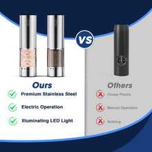 Load image into Gallery viewer, HomeHacks 2 Pack Upgraded 95ml Rechargeable Electric Salt and Pepper Grinder Set, 6 Adjustable Coarseness, High-Grade Stainless Steel, Type-C Charging, LED Light, Silver