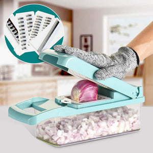 Vegetable Chopper, Multifunctional Vegetable Cutter Onion Chopper Mandoline Slicer Dicer with Colander Basket and Container 8 Interchangeable Blades