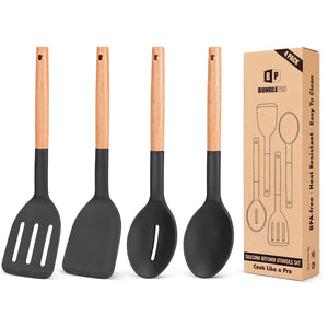 Pack of 4 Silicone Cooking Utensils Set, Non Stick Solid Spatulas and Heat Resistant Slotted Spoons with Wooden Handle, Ideal Wood Kitchen Utensils Set for Frying,Serving,Turning,Stirring (KHAKI)